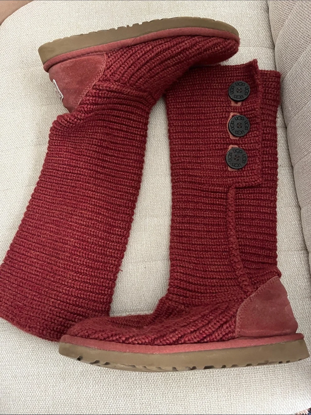 UGG Y2K red chunky cable knit fold over button tall boots Size 7